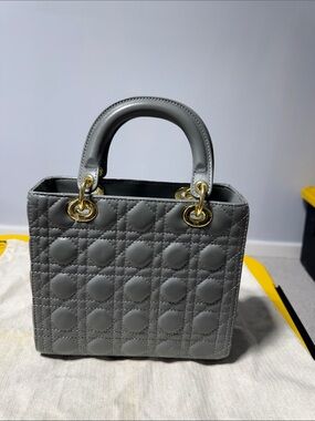 Structured Quilted Satchel in Gray with Gold-Tone Hardware